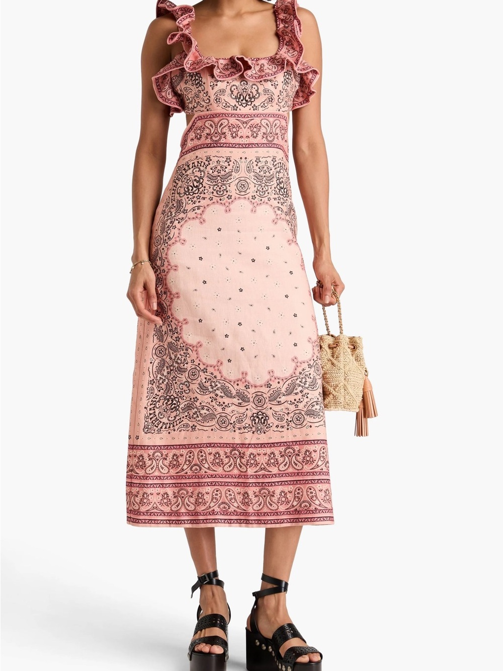 Zimmermann Ruffled Square-Neck Midi Dress in Blush Paisley